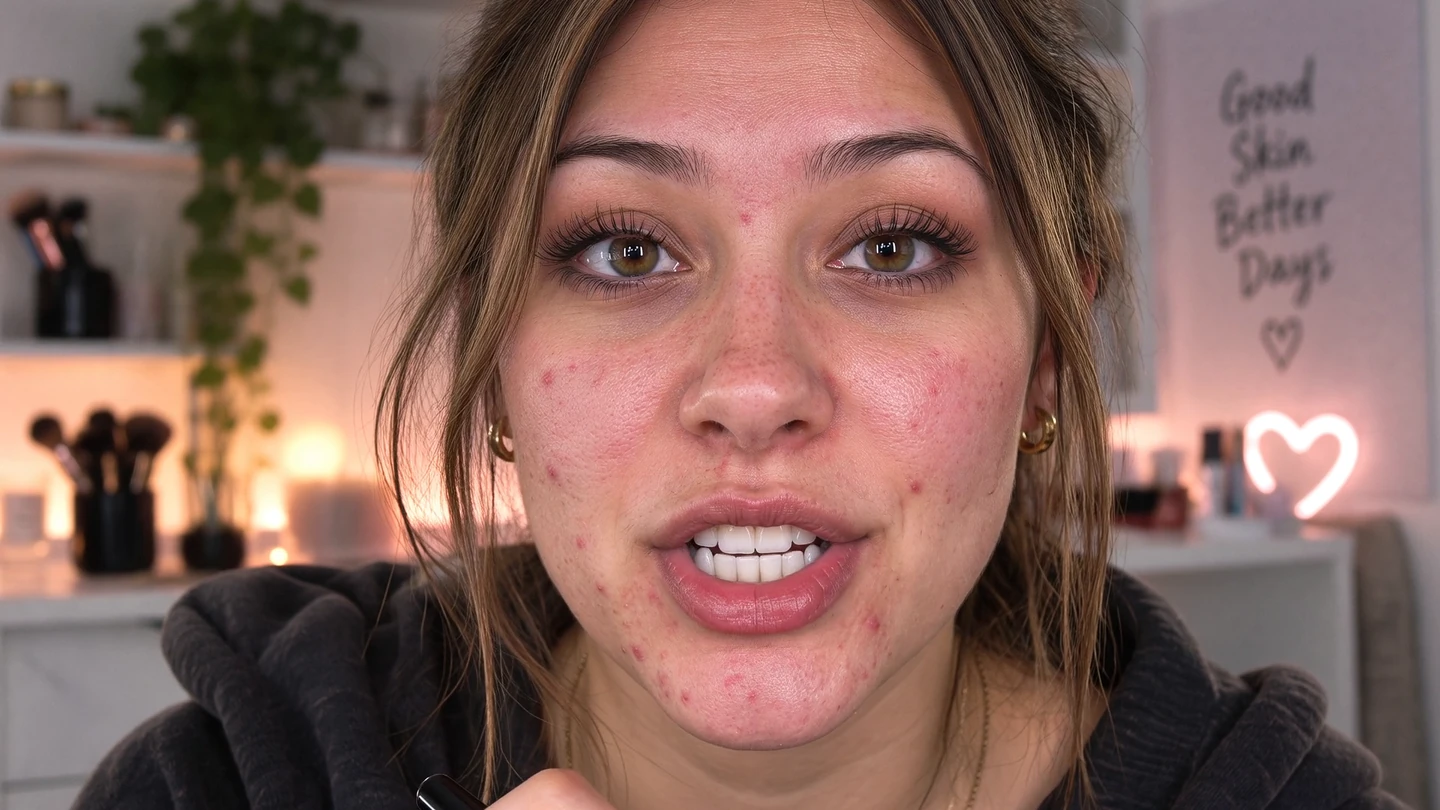 Original frame of a beauty creator speaking to camera, with visible spots on both cheeks and along the chin.