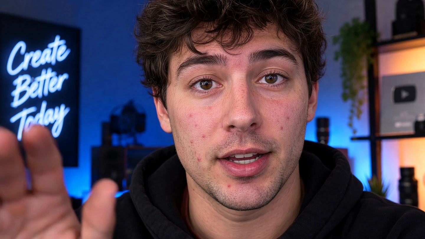 Original frame of a creator talking to camera in a studio lit with blue and orange practicals, with small spots and redness across the cheeks.
