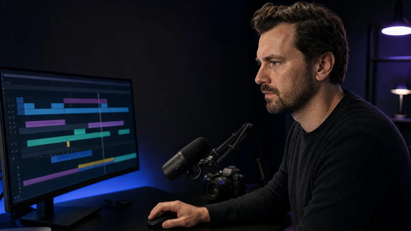 Creator at a Windows editing desk before a restrained VanityFilter skin pass