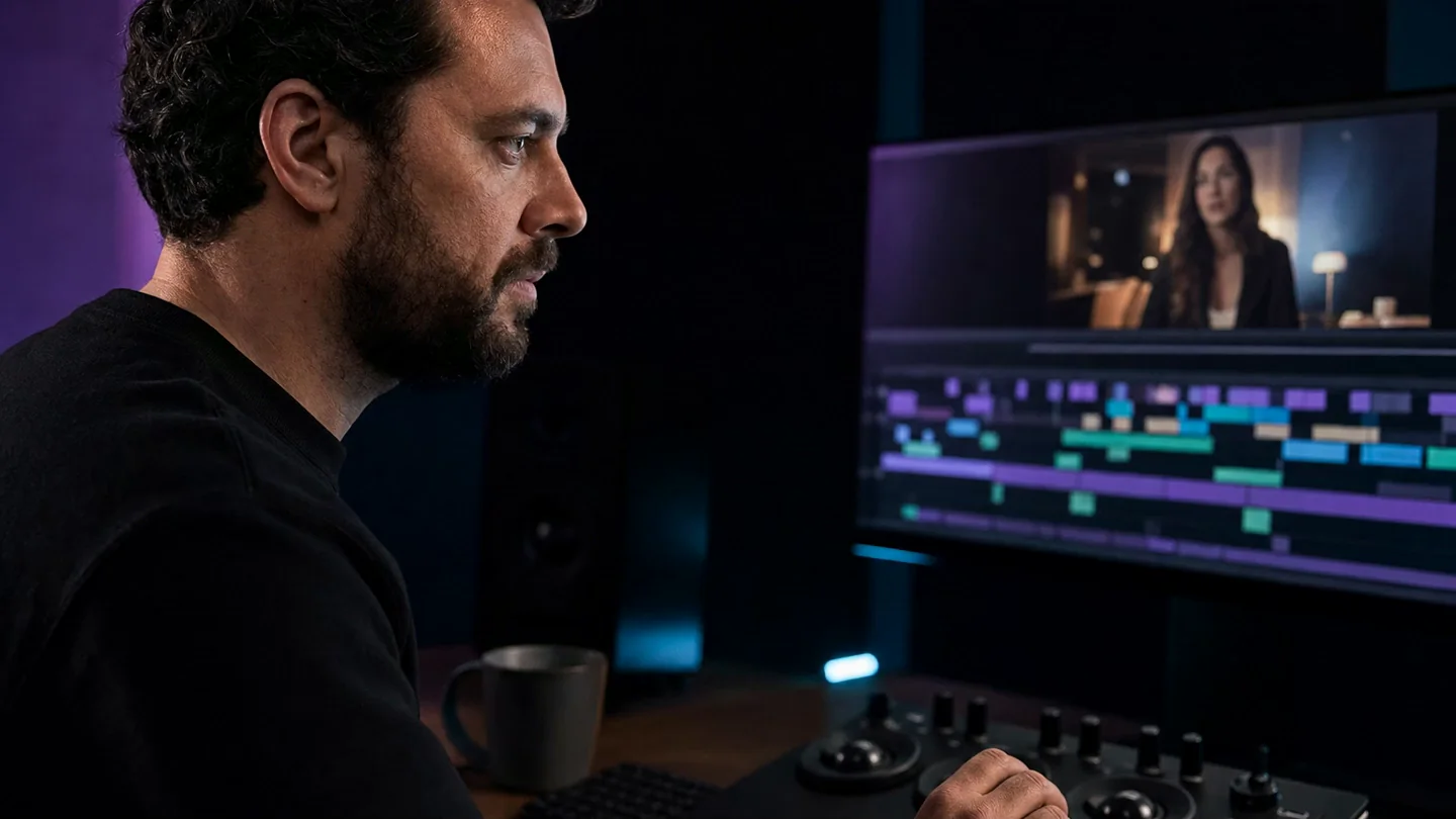 The same editor after a restrained VanityFilter skin pass, with hair, clothing, the desk, and monitor still sharp