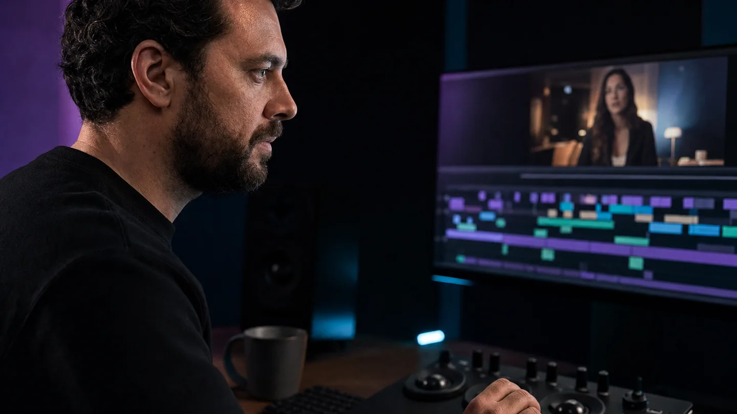 Video editor at a workstation before a restrained VanityFilter skin pass