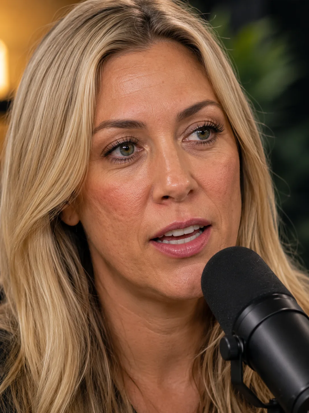 Extreme close-up of a podcaster at the mic before smoothing, with visible pores and uneven skin texture