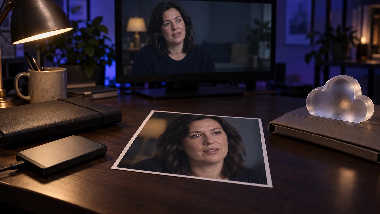 An interview frame on an editor's desk, with a portable drive on the left and a glass cloud on the right. A monitor shows the same interview.
