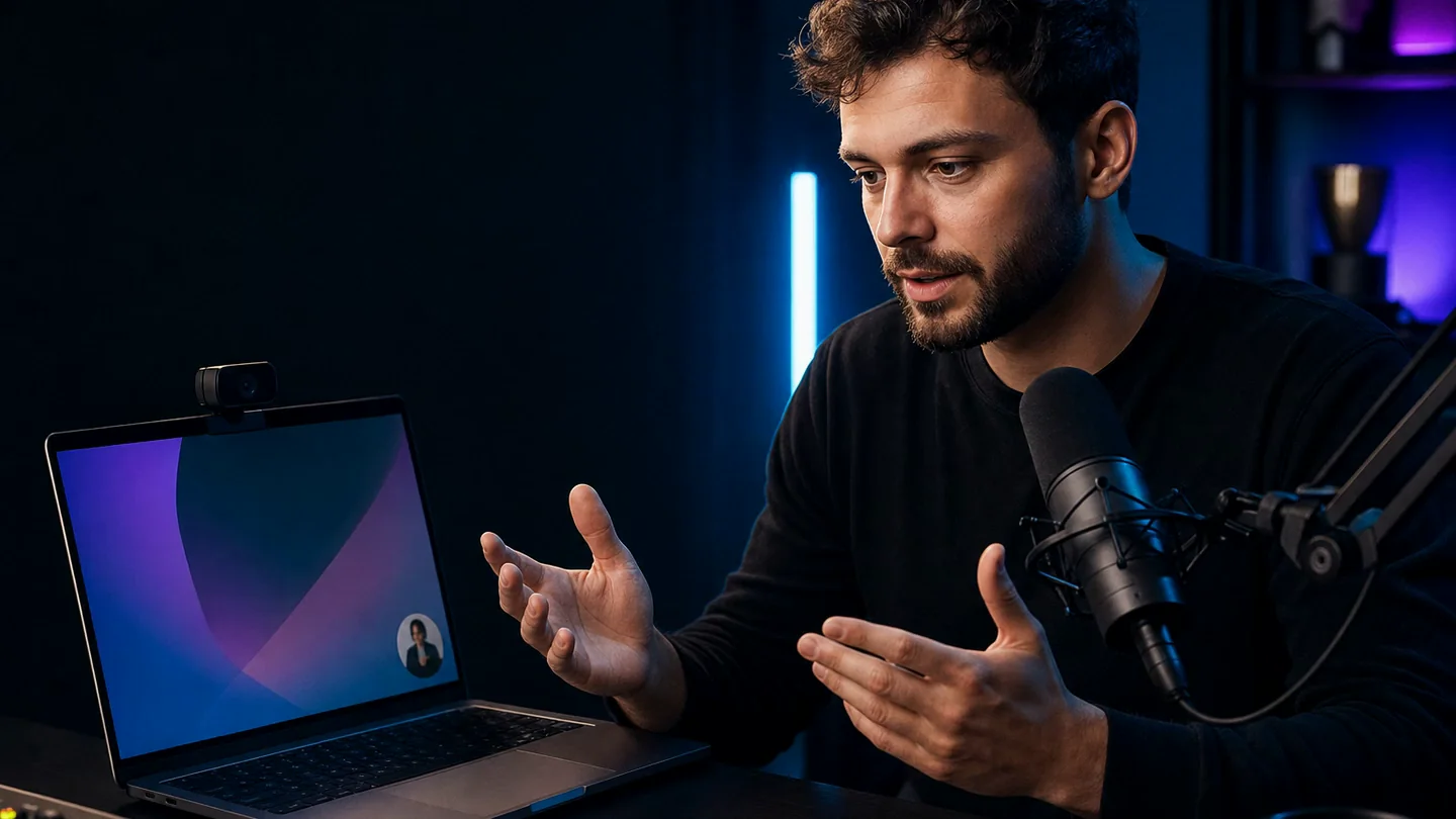 The same creator after a restrained VanityFilter skin pass, with the laptop, microphone, hair, and clothing still sharp