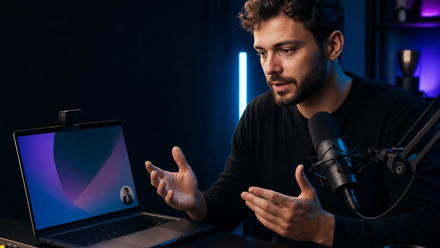 Creator at a laptop before a restrained VanityFilter skin pass