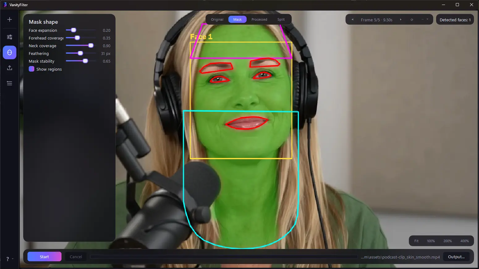 VanityFilter 2.0 Mask view: a green overlay covers only the skin, with the face, forehead, and neck regions outlined and eyes and lips protected