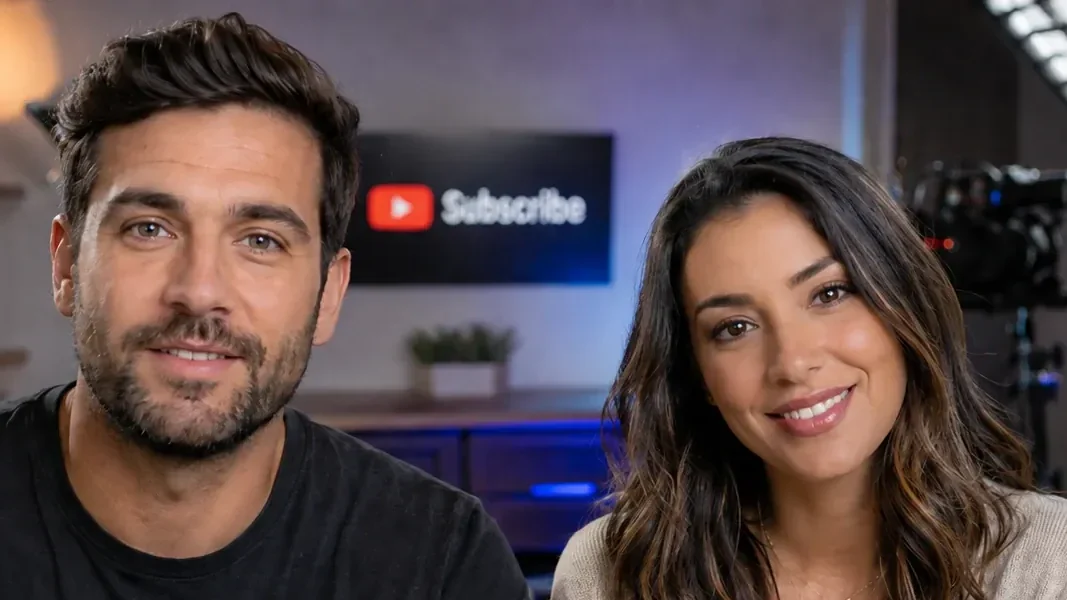 The same two people after a VanityFilter pass, with both faces evened out while hair, eyes, clothing, and the background stay sharp