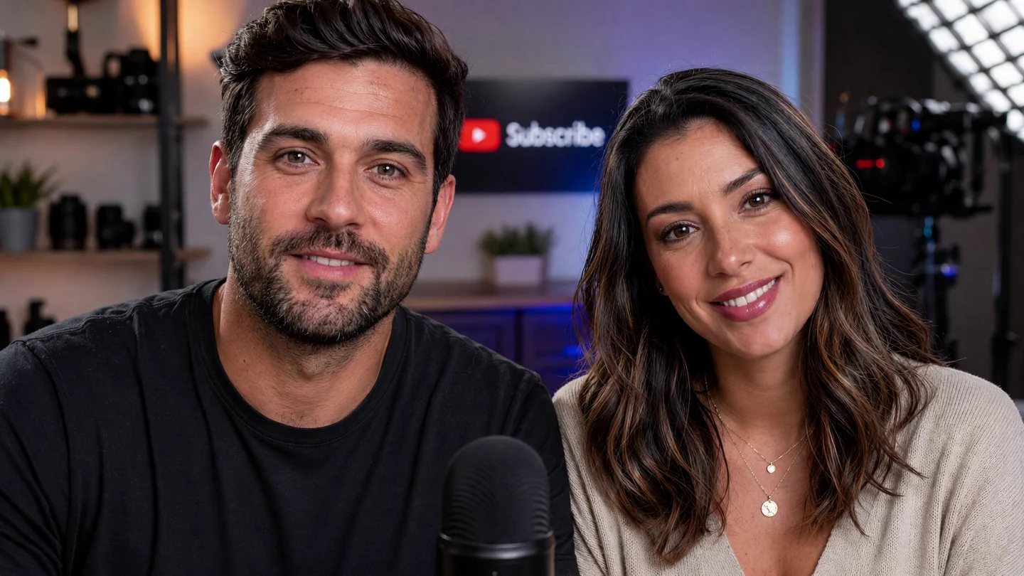Two people side by side on a creator set, original frame before processing