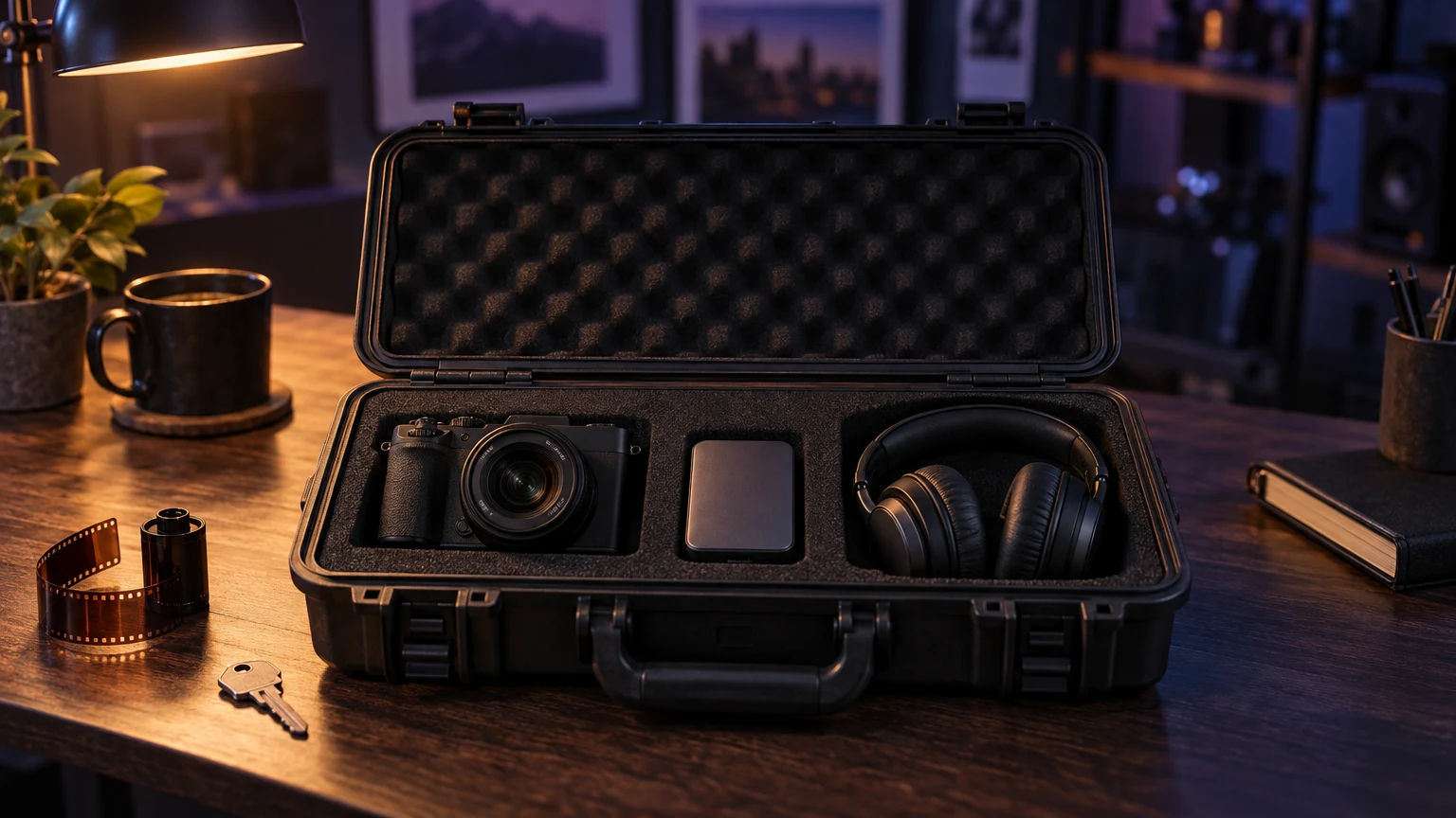 An open equipment case holding a camera and portable drive, on a studio desk beside a metal key.