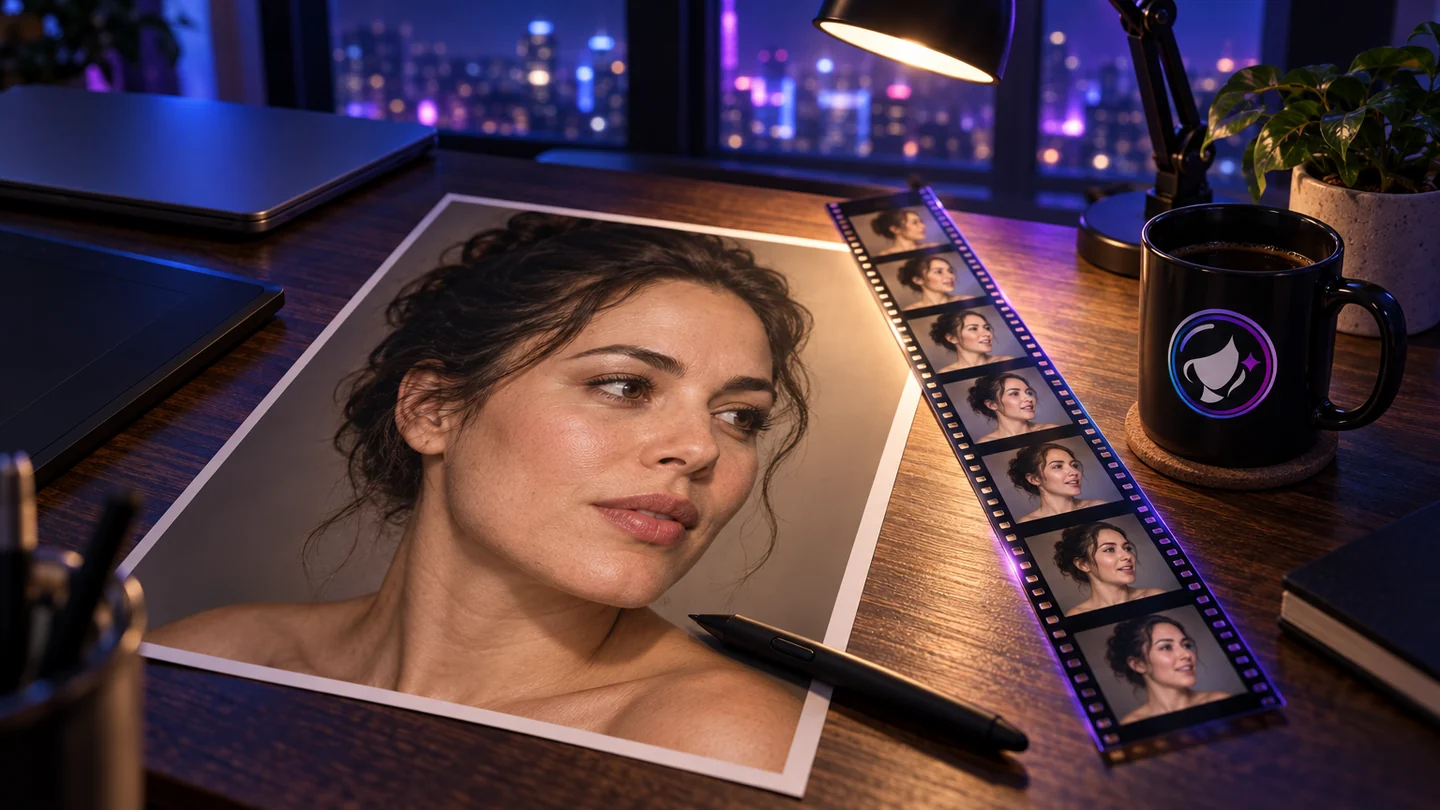 Ilustración editorial: un escritorio de retoque de noche con un retrato impreso bajo una lámpara, una tira de fotogramas de película al lado y una taza.