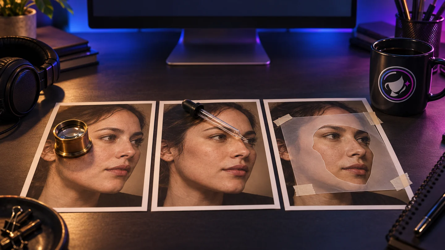 Editorial illustration: three printed film stills of the same face on an editor’s desk at night, each under a different tool, a loupe, an eye dropper and a cut mask overlay.