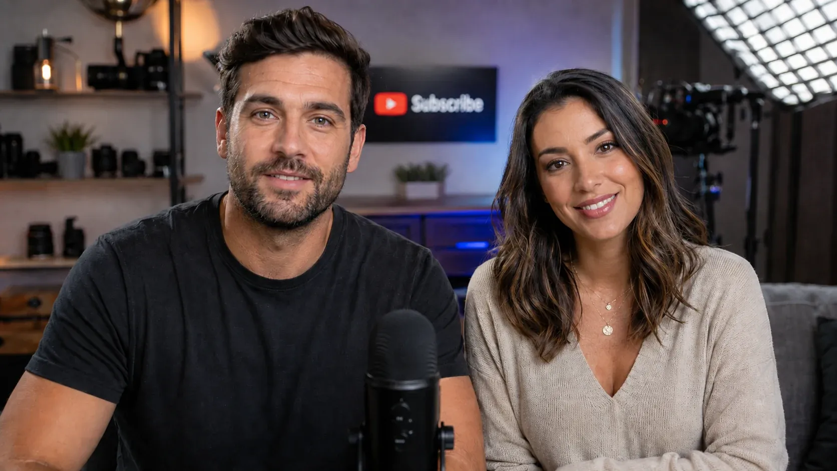 Two podcast hosts before processing, with uneven skin texture and redness on both faces