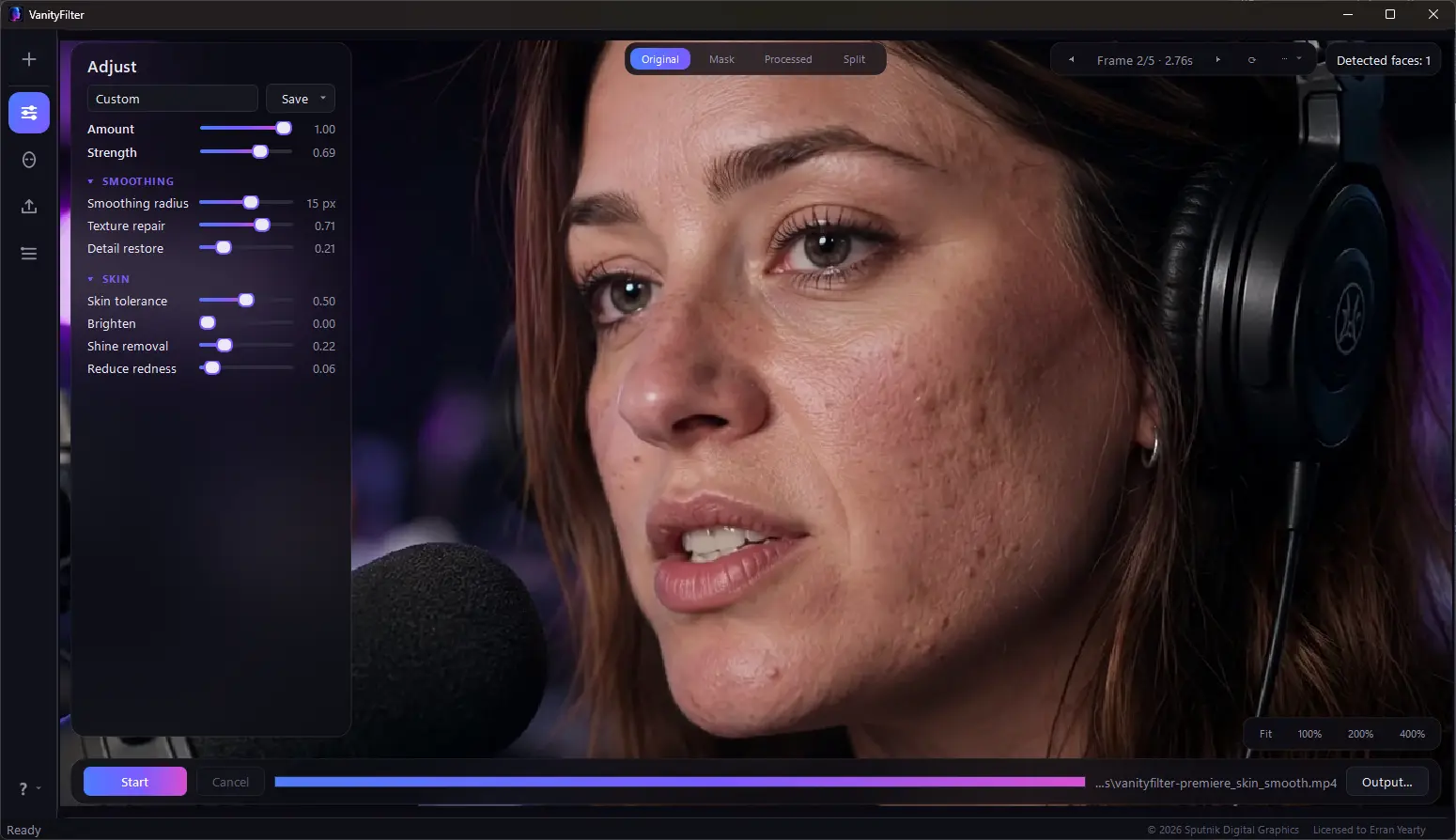 VanityFilter on the Original tab: the raw talking-head frame with visible blemishes, redness, and texture, settings panel on the left