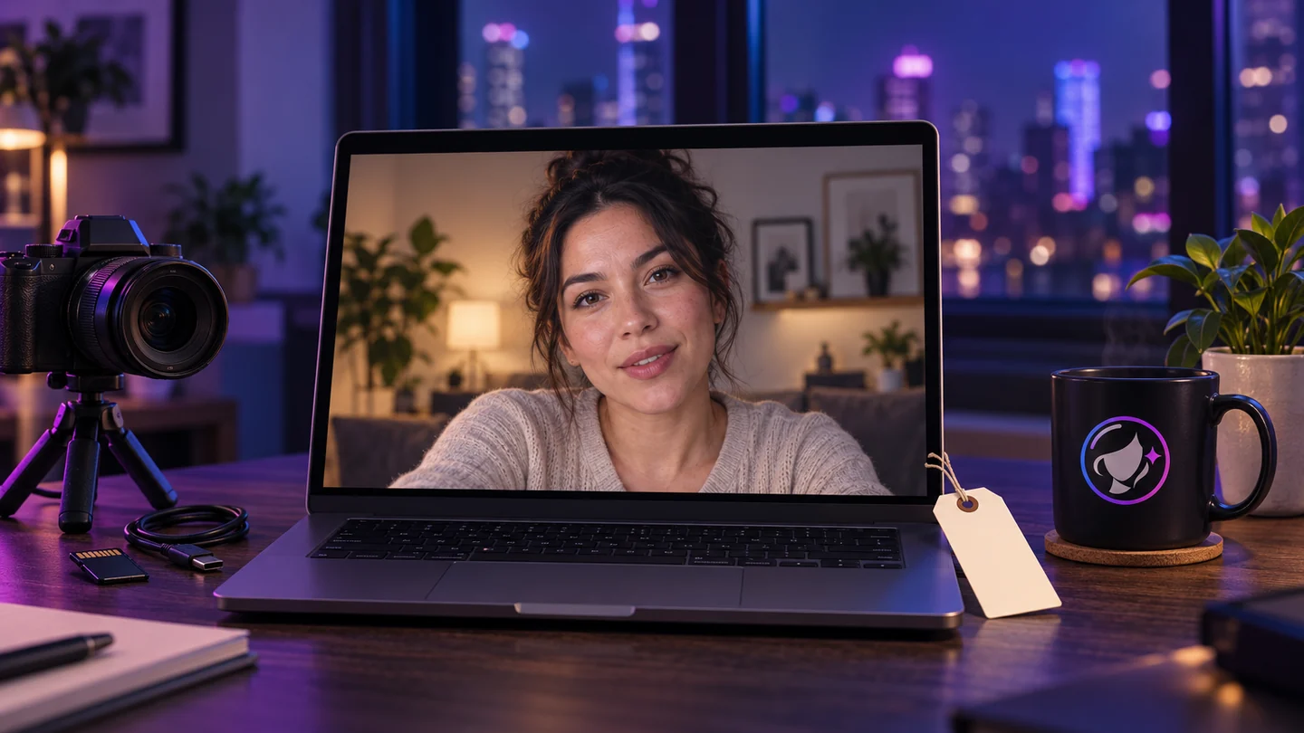 Ilustración editorial: el escritorio de una creadora de noche, con una laptop que muestra un video pausado de una persona hablando a cámara, una etiqueta de precio de papel en blanco atada a la bisagra, una cámara pequeña en un trípode y una taza.
