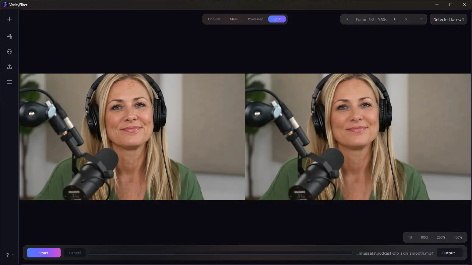 VanityFilter 2.0 Split view: the original frame on the left and the smoothed result on the right