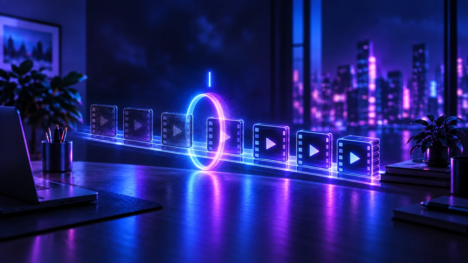 Illustration of a row of video clips passing through a ring of light and coming out processed, on a desk at night