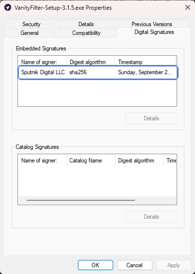 Propiedades del instalador, pestaña Firmas digitales, firmante Sputnik Digital LLC