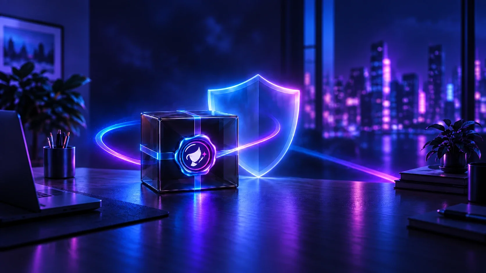 Ilustración de un paquete sellado con el icono de VanityFilter junto a un escudo luminoso, en un escritorio de noche