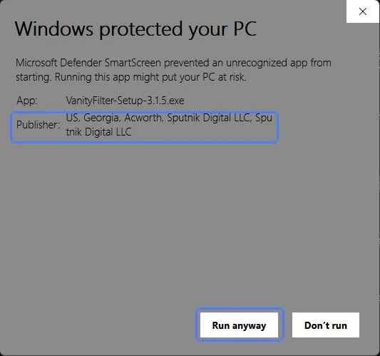 El aviso de SmartScreen ampliado con el editor Sputnik Digital LLC y el botón Ejecutar de todas formas