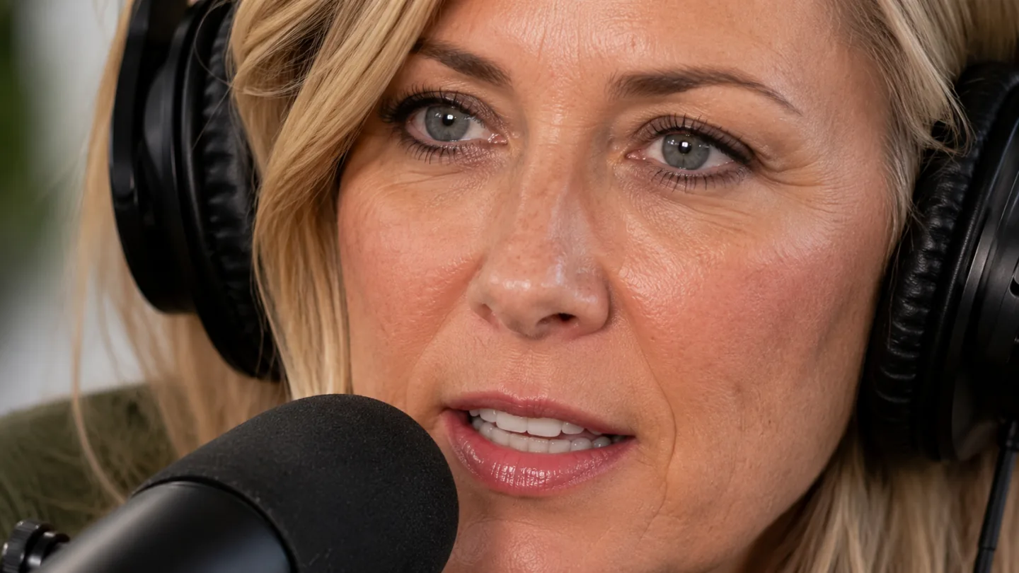 Extreme close-up of a podcaster before smoothing: visible pores, freckles, and fine lines