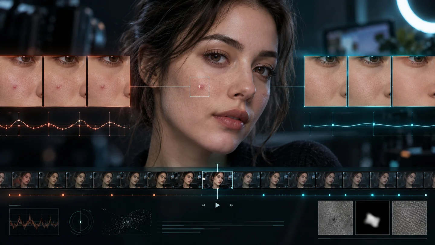 Editorial illustration: a face at centre, with three warm-toned skin crops and a jittery line on the left, three cool-toned crops and a smooth line on the right, and a film strip below.