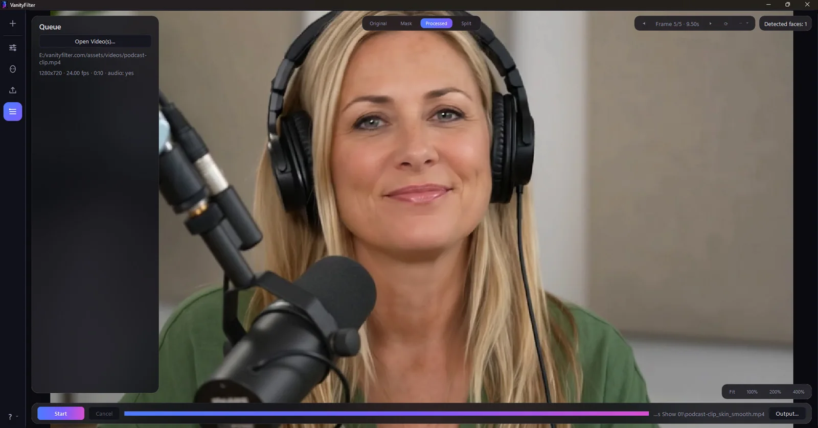 VanityFilter Queue panel listing a 1280x720 podcast clip at 24 fps with audio, next to the processed preview with one detected face