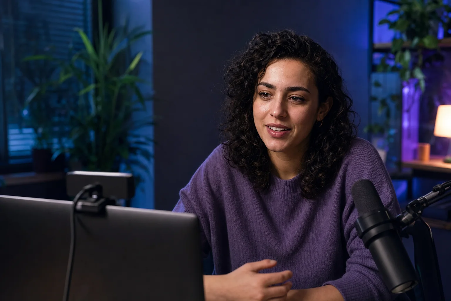 A curly-haired woman in a violet sweater sits at a desk with a webcam, surrounded by plants in blue and violet lighting.