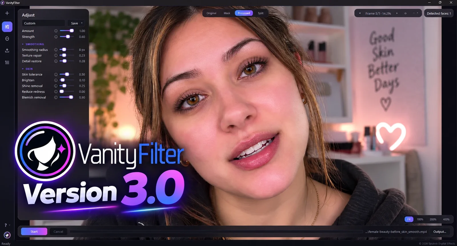 VanityFilter 3.0 with the Adjust panel open over a processed close-up of a beauty creator, Blemish removal set to 0.90, and the Version 3.0 title.