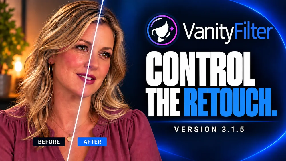 VanityFilter 3.1.5: a split before and after frame of a presenter beside the words Control the retouch.