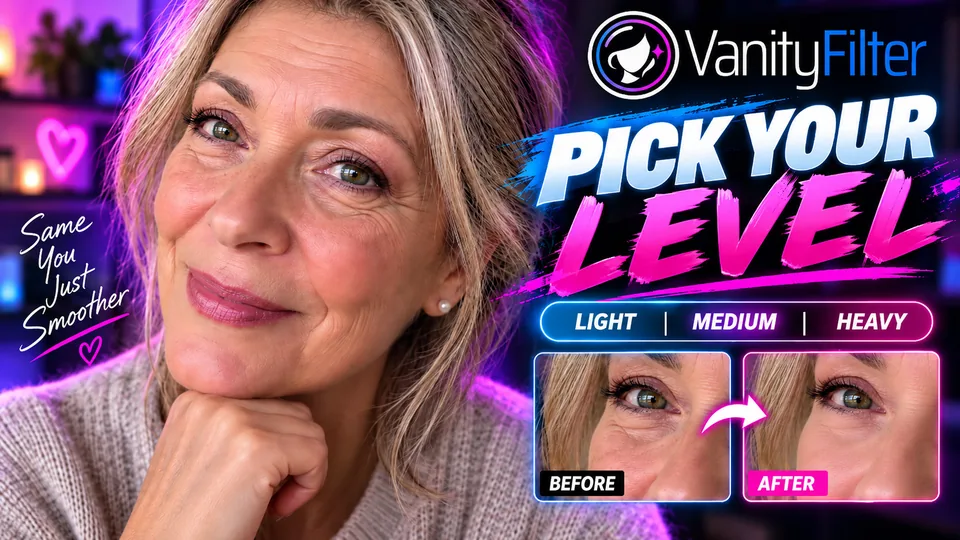 Creator close-up from the Pick Your Level film, comparing Light, Medium and Heavy skin smoothing in VanityFilter