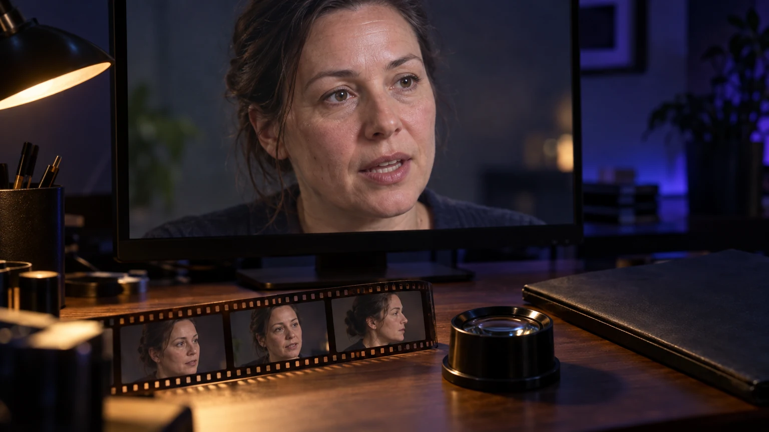 Un primer plano de una entrevista en un monitor y una tira de película con la misma mujer girando la cabeza, junto a una lupa sobre el escritorio.