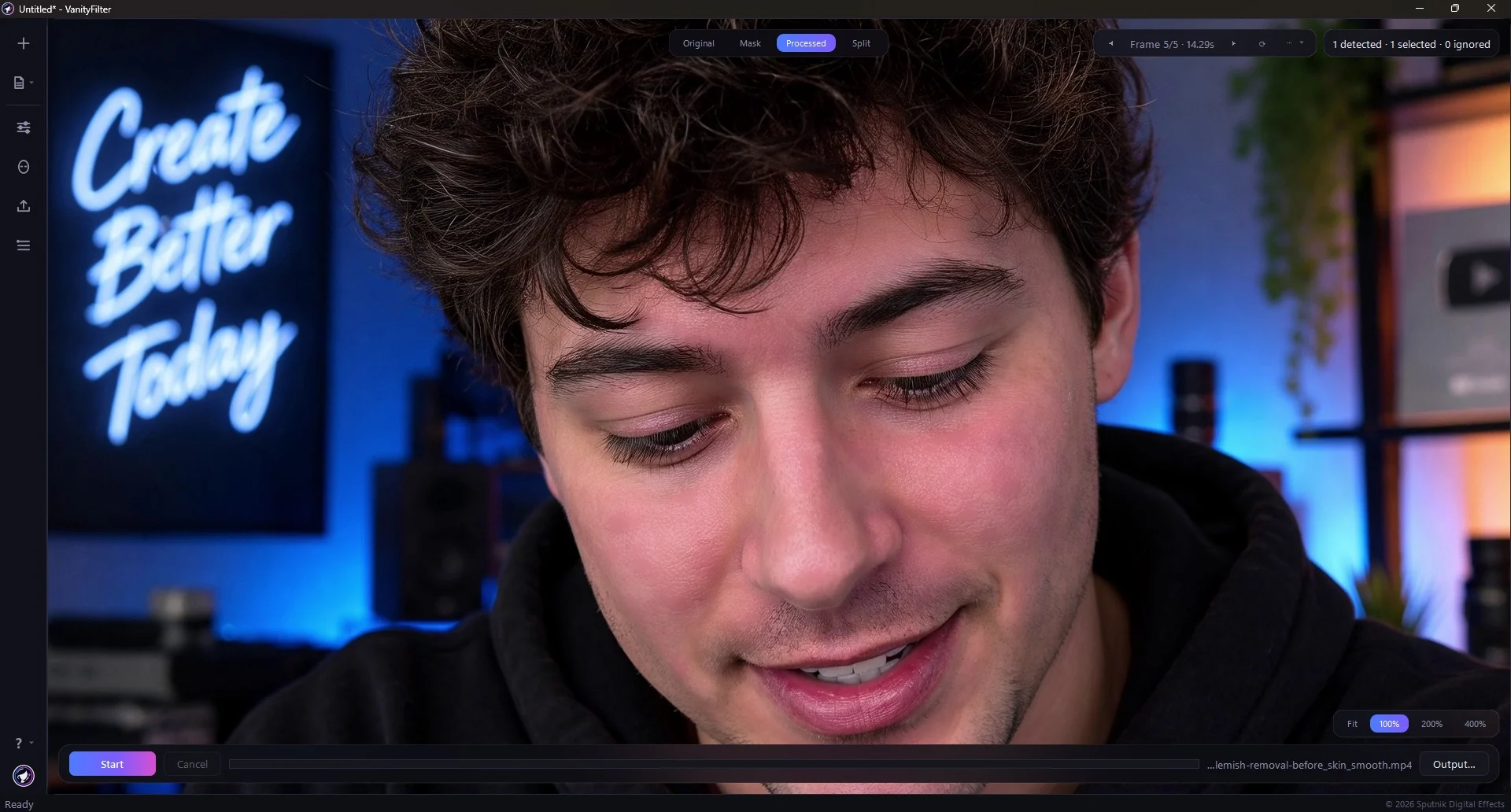 The same frame on the Processed tab, with the skin cleaned up while lashes, hair and the lit room stay untouched.